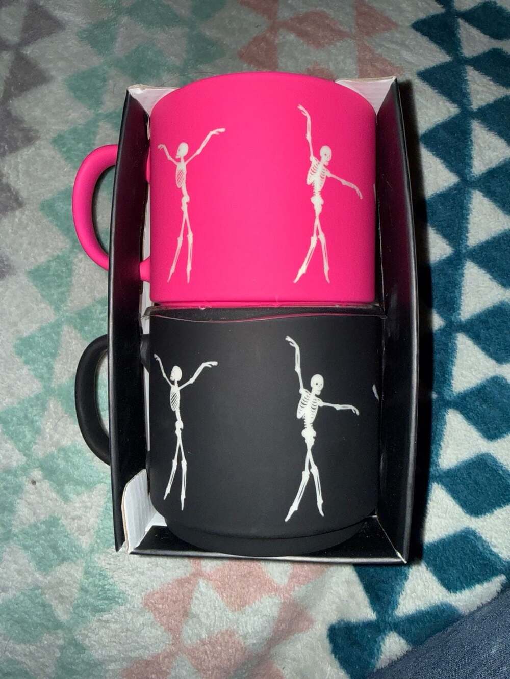 Sunday Morning Dancing Skeletons Halloween Mug Set of 2 (Pink and Black)